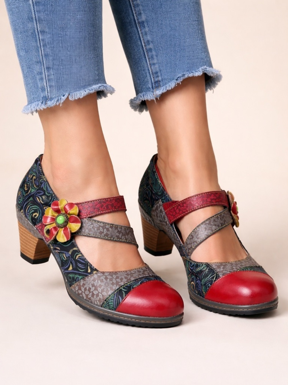 Socofy Leather Shoes Sz 11
Mary Jane Heels Retro
Bohemian Floral Colorful
Boho